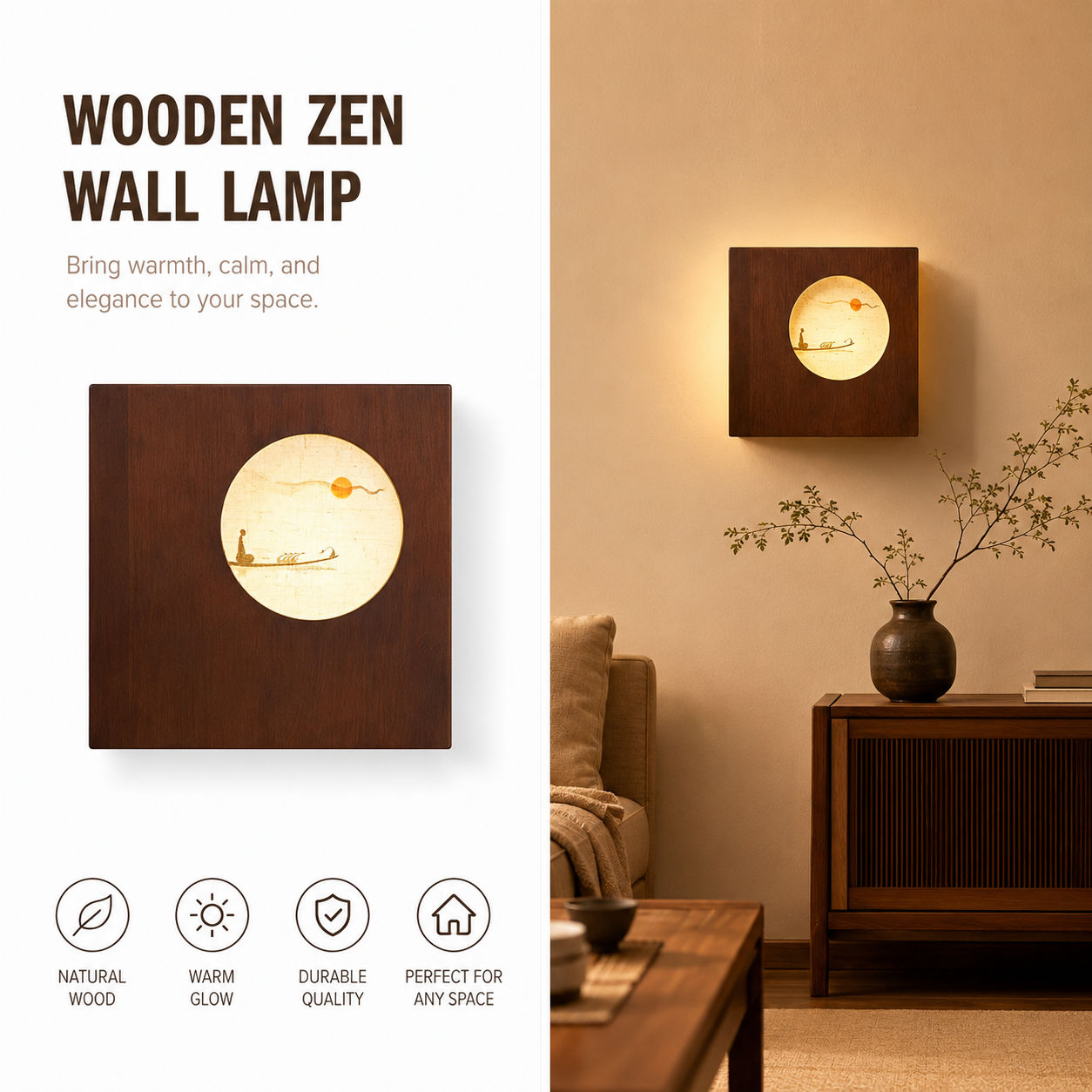 Imagem Luminária De Parede Estilo Zen, Madeira Borracha Natural, Sombra Linho, Arte Chinesa 3 Cores Ajustáveis - 3 Modelos