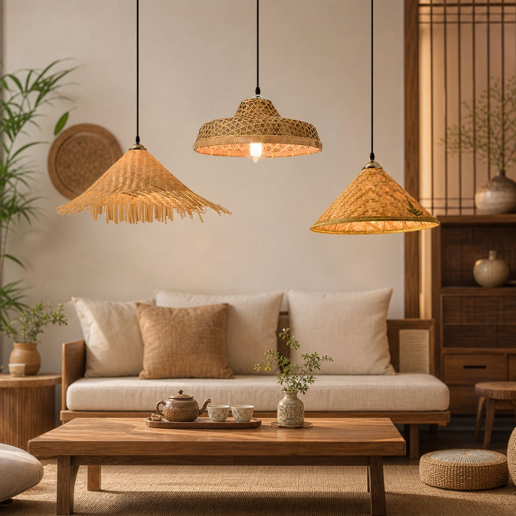 Imagem Luminária Pendente De Bambu Tecida À Mão , Lâmpada Suspensa Natural Estilo Zen Para Jantar , Sala De Estar , Casa De Chá