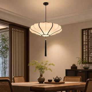 Lanterna Chinesa Pingente Luz Wabi-Sabi LED Tecido Pendurado Altura Ajustável Para Jantar Sala De Estar Quarto