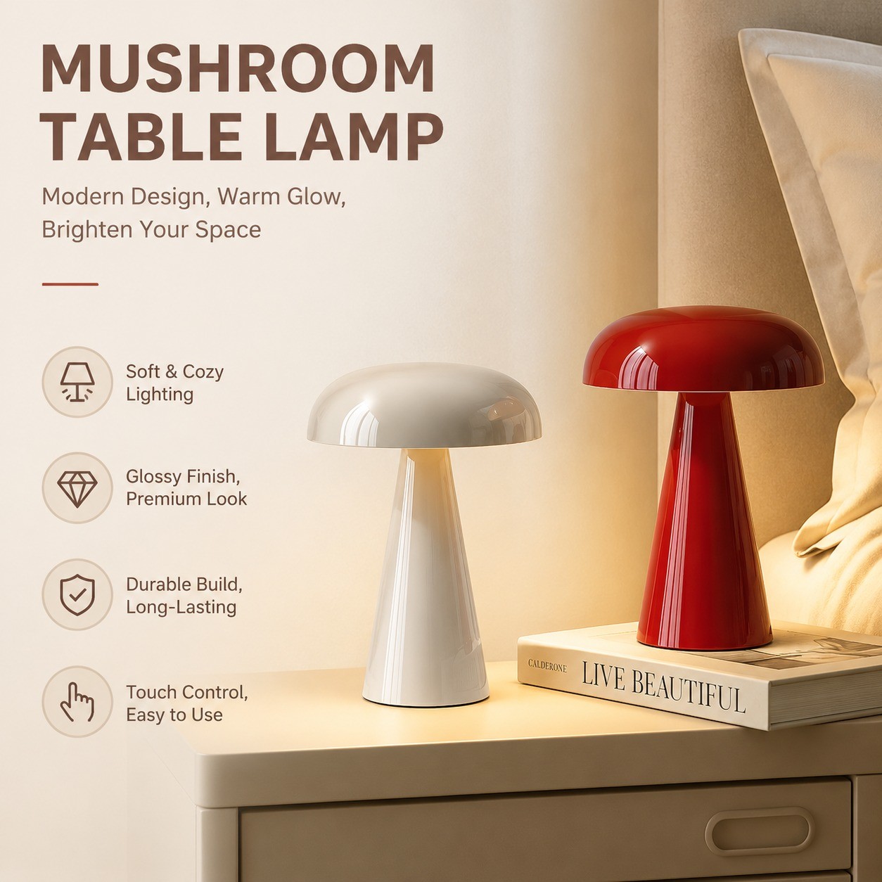 Abajur De Mesa Sem Fio Recarregável Em Formato De Cogumelo Luminária De Mesa Ajustável Três Cores Quarto, Sala De Estar