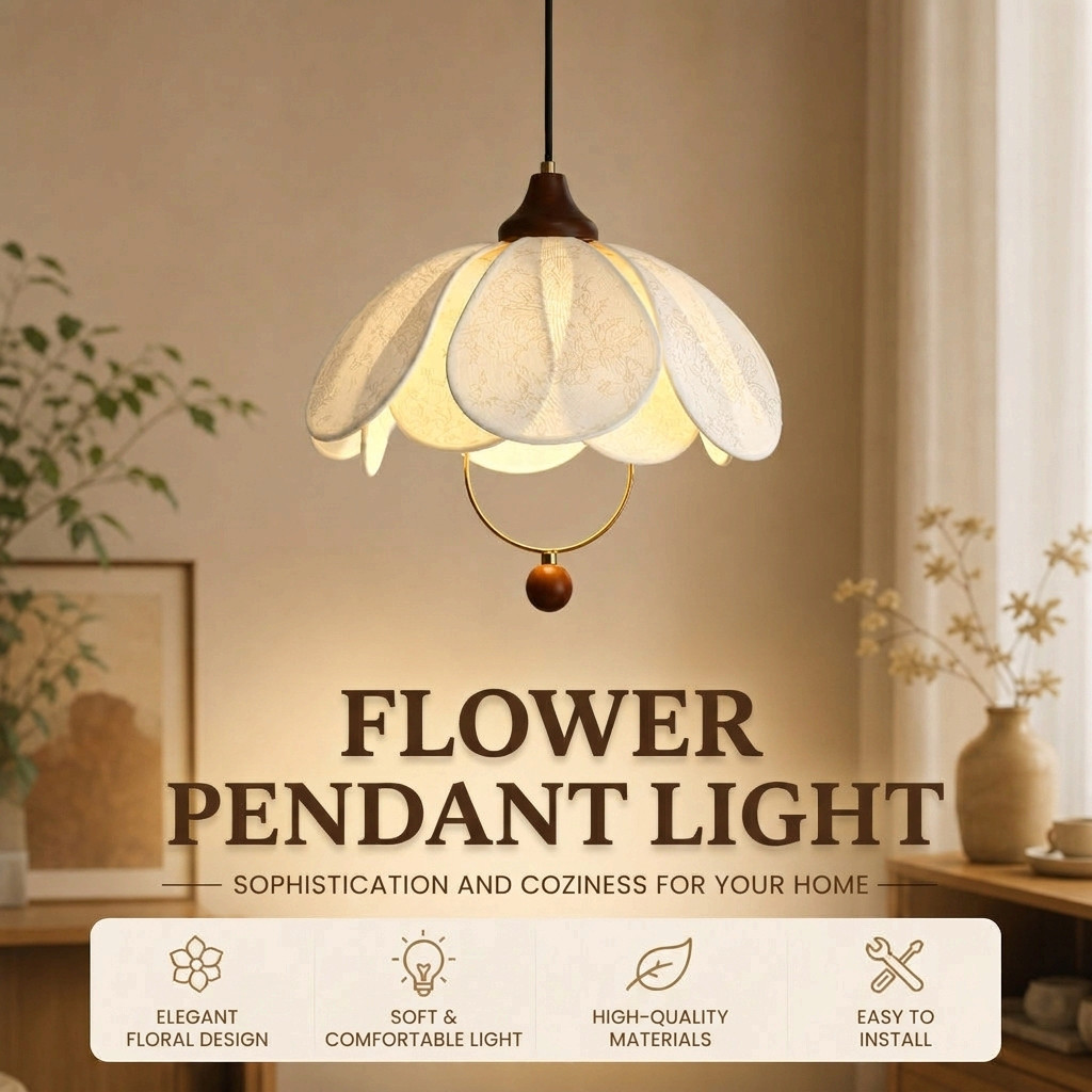CZHLIFE Luz Pendente De Tecido Em Forma De Pétala Vintage LED Ajustável De 3 Cores Para Sala De Jantar, Quarto, Decora