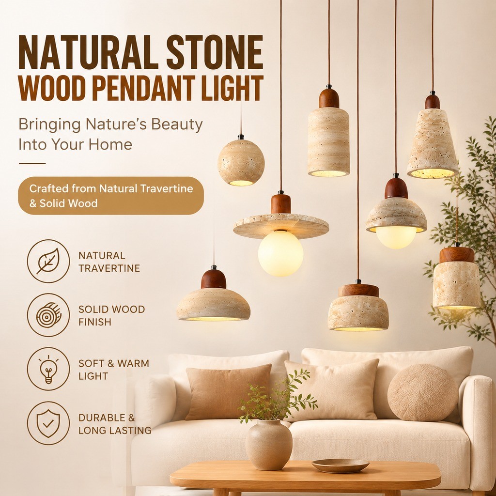 Lustres De Travertino Natural, Luz Pendente Estética De Madeira Maciça LED, Sala De Jantar, Quarto, Balcão De Bar,
