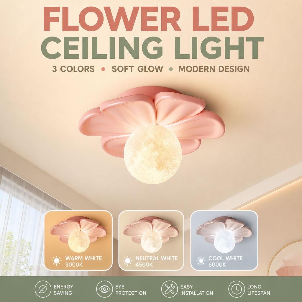 Luz De Teto LED Floral 3 Temperaturas De Cor Design Moderno Rosa Branco Verde Para Quarto Corredor