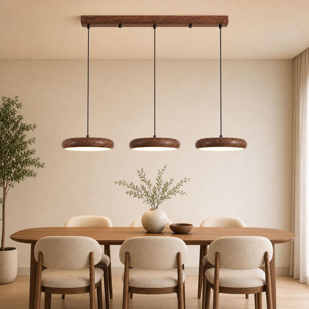 Luz Pendente De Madeira LED De 3 Cabeças , Moderna E Minimalista , Grão De Nogueira , Pendurada , De Teto Para Sala De J