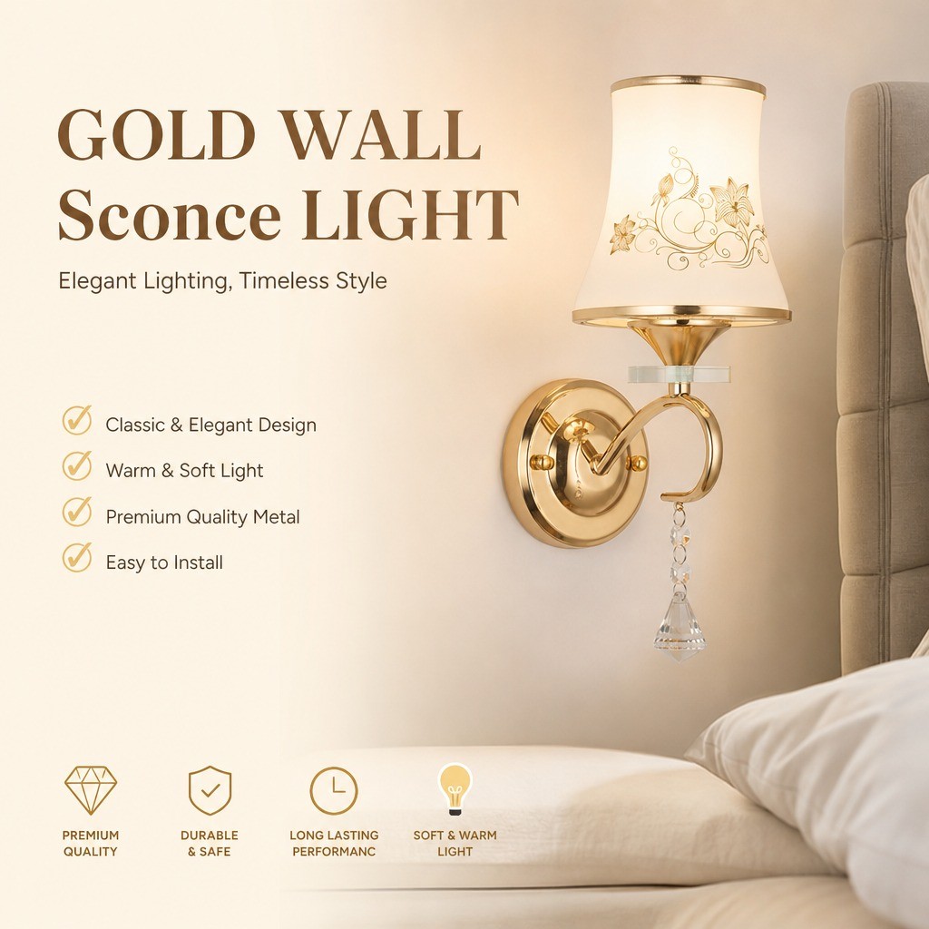 CZHLIFE Arandela Decorações De Vidro Dourada, Luminária De Parede LED Retrô, Lâmpada Quarto, Sala De Estar