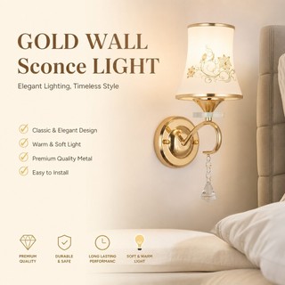 CZHLIFE Arandela Decorações De Vidro Dourada, Luminária De Parede LED Retrô, Lâmpada Quarto, Sala De Estar