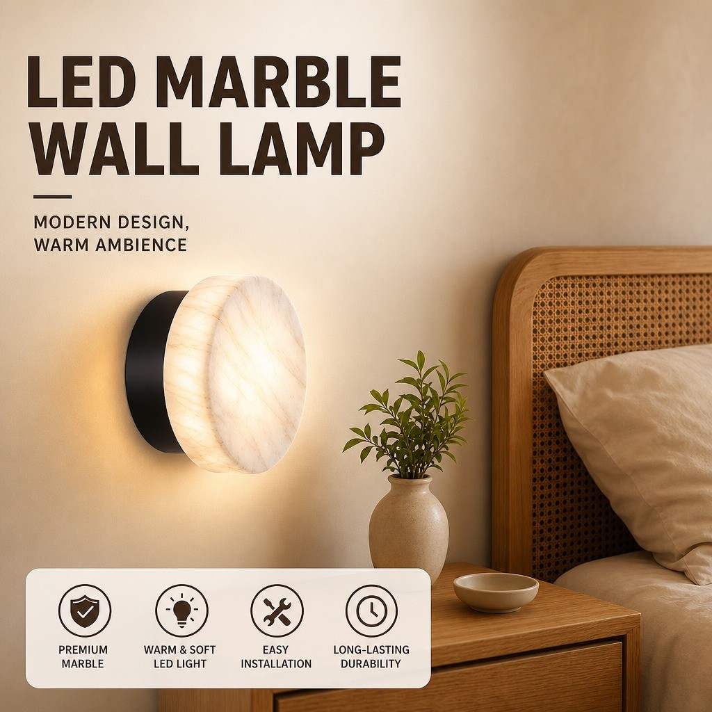 CZHLIFE Arandela De Parede Redonda Natural De Mármore , Lâmpada Moderna Com Proteção Para Os Olhos , Quarto , Hotel E Co