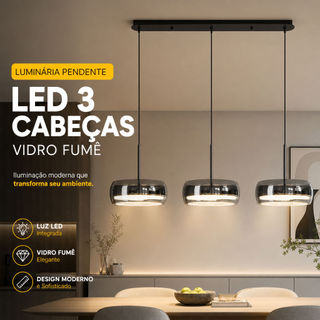 Lustre Pendente De LED De 3 Cabeças , Vidro Esfumaçado , Luz Suspensa Minimalista Nórdica Para Sala De Jantar E Quarto