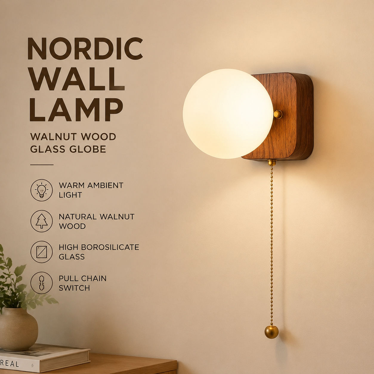 Nordic Lâmpada De Parede Nogueira Madeira Vidro Globo Puxar Corrente Tricolor Luz Para Quarto Corredor Sala Estar