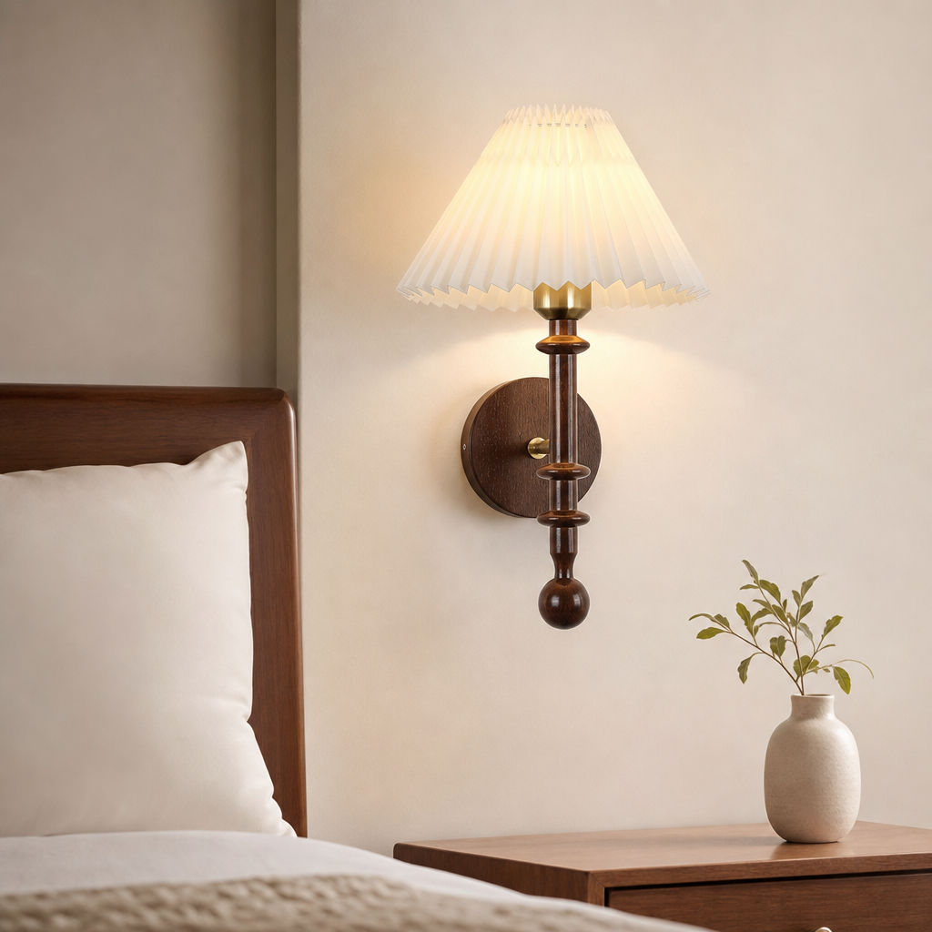 Retro Luminária De Parede Madeira Abajur Plissado Com Interruptor Corda Puxar Nordic Arandela Maciça Para Quarto