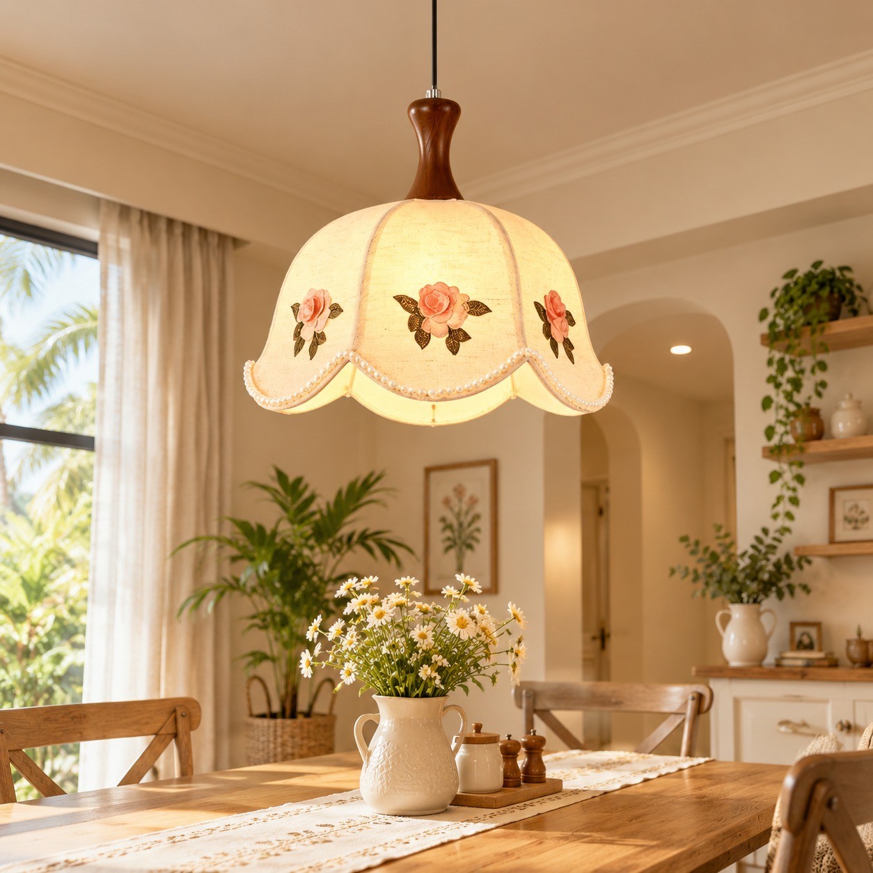 Luminária Pendente Estilo Francês Vintage Abajur Pendente Bordado Floral LED Para Mesa De Jantar Cozinha