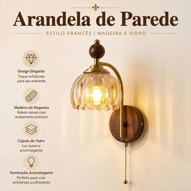 Luminária De Parede Retrô Francesa , Madeira De Nogueira , Sombra De Vidro , Luz Quente , Arandela Para Quarto , Sala