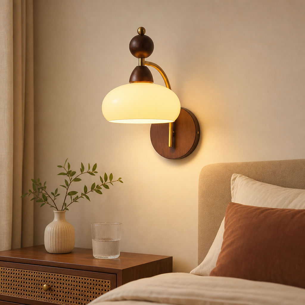 Lâmpada De Parede De Madeira De Nogueira Retro Nórdico Arandela Abajur De Vidro Quente LED Para Quarto Cabeceira Sala Es