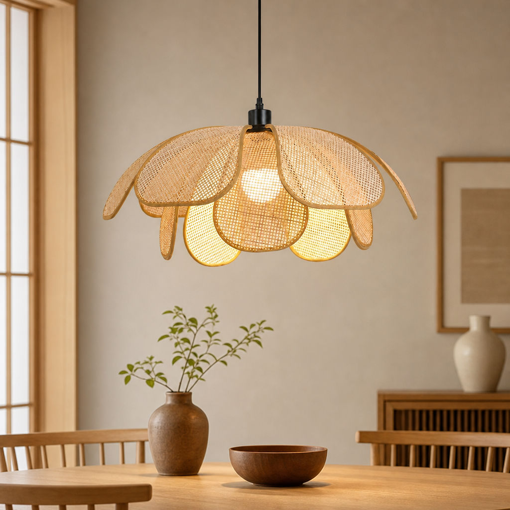 Rattan Tecido À Mão Pétala Pingente Luz Natural Flor Forma Pendurado De Teto Estilo Boho Brilho Quente Para Sala De Jant