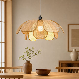 Rattan Tecido À Mão Pétala Pingente Luz Natural Flor Forma Pendurado De Teto Estilo Boho Brilho Quente Para Sala De Jant