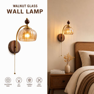 Arandela De Parede Vintage Nogueira Vidro Âmbar - Luminária De Parede LED Luz Quente Suave Para Quarto E Sala