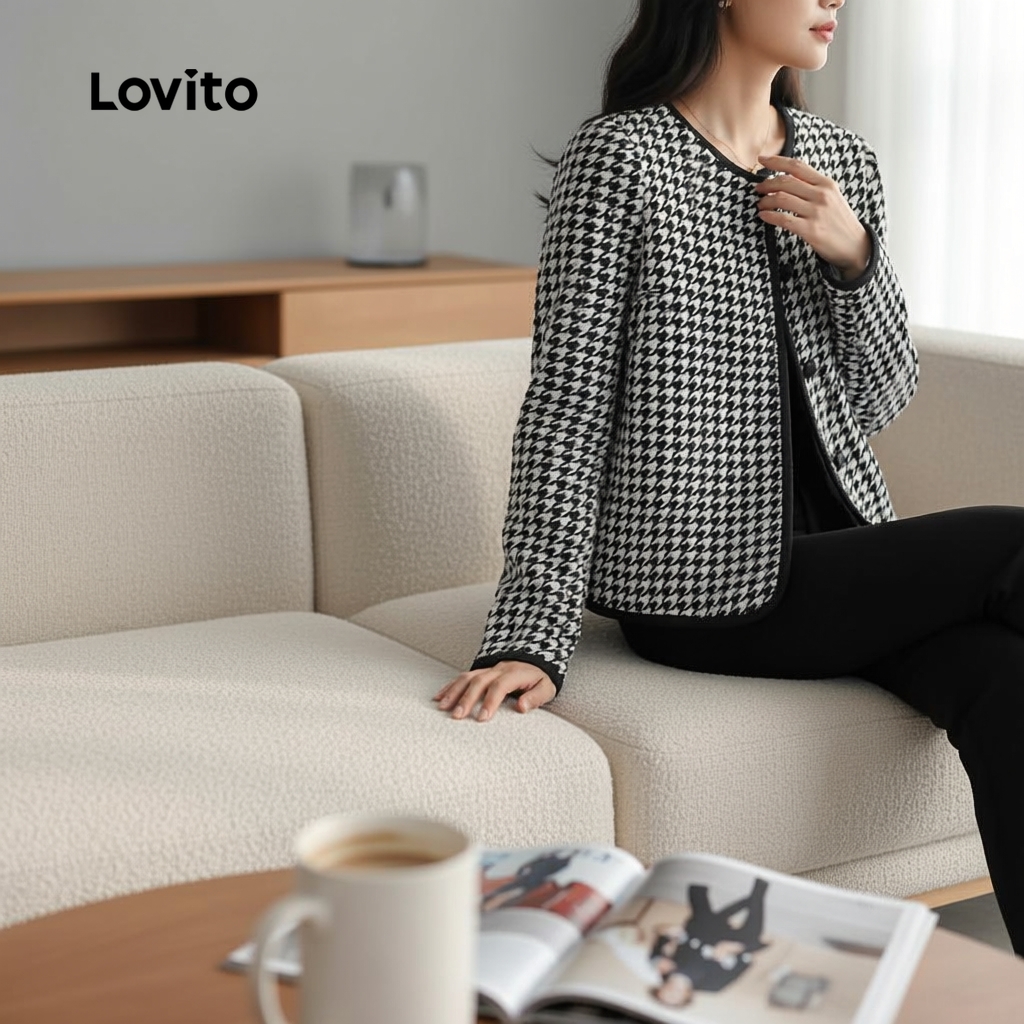 Lovito Jaqueta Plus Size Feminina Estilo Chanel Estampa Houndstooth LBL10084 em Oferta na Shopee