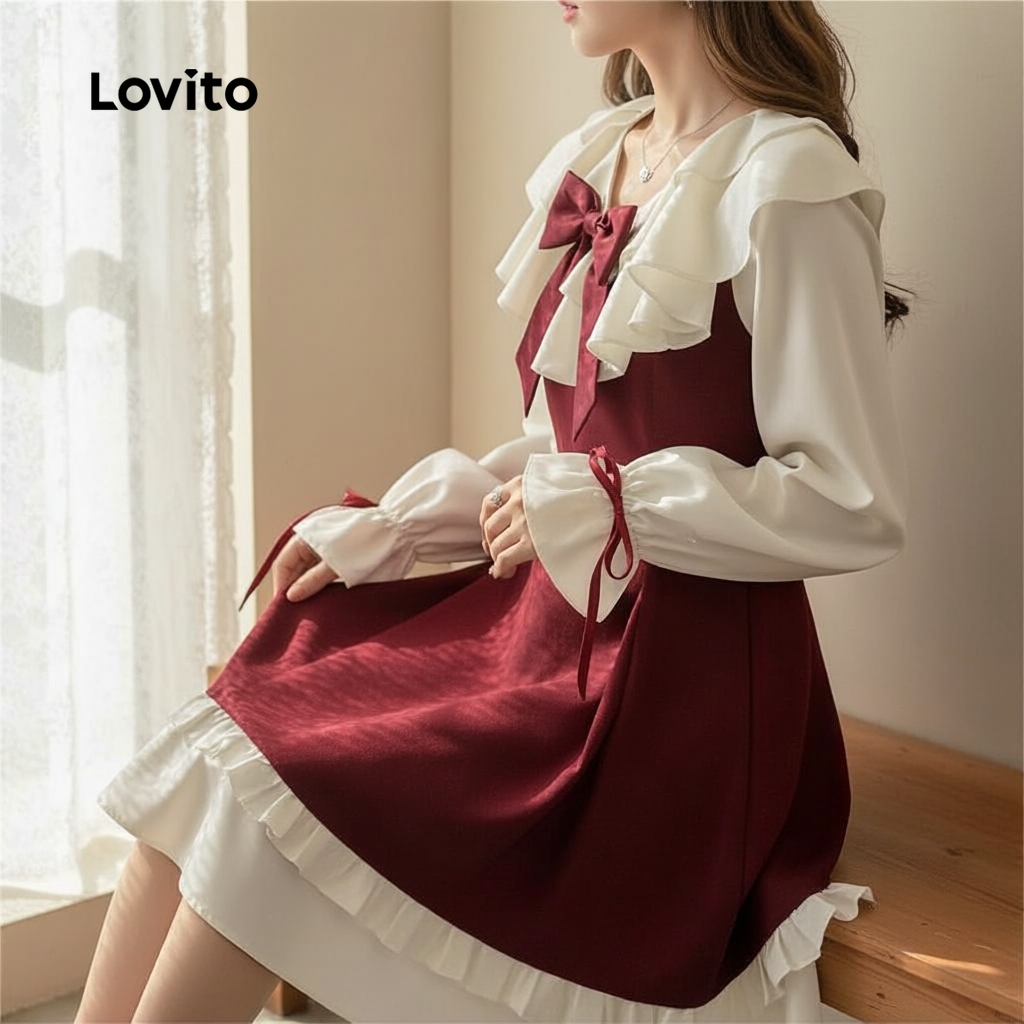 Lovito Vestido Feminino com Babados e Laço em Patchwork, Modelo Evasê para Festas e Natal LNA43050 em Oferta na Shopee