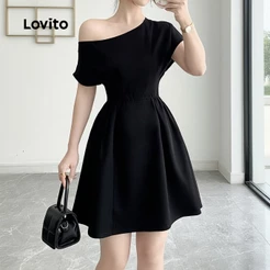 Lovito Casual Vestido Feminino com Zíper Preto para Primavera/Verão L157LD205