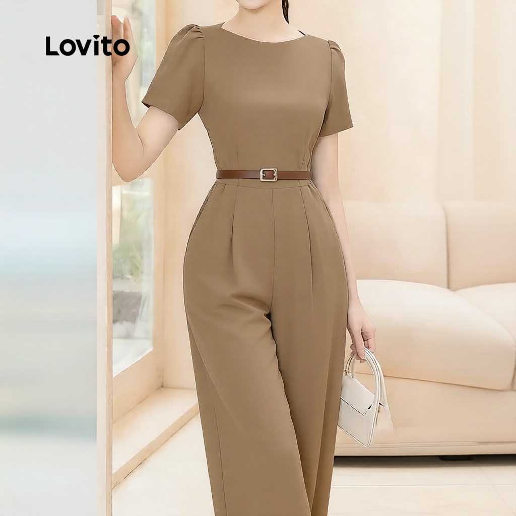 Lovito Macacão Plissado Feminino Comuter Elegante Primavera/Verão Cor Marrom L183AD387