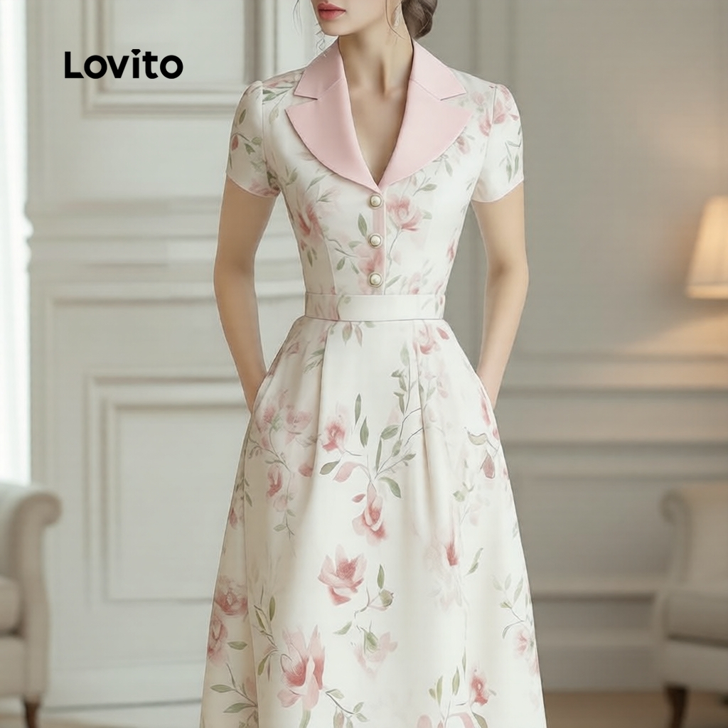 Lovito Vestido Feminino Casual Verão Primavera Rosa Estampa Colorblock LK5ED440
