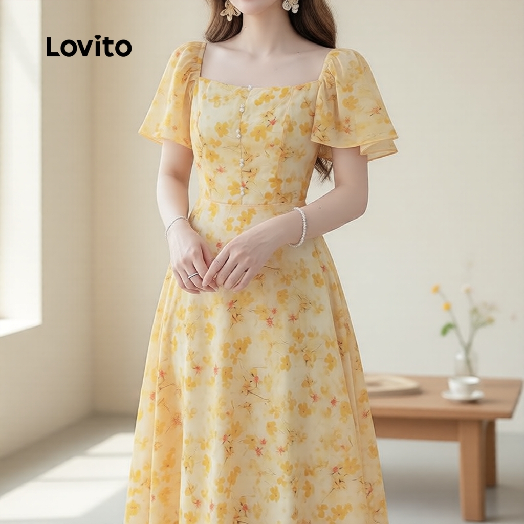 Lovito Vestido Feminino com Botões Amarelo Verão Primavera L183ED1073