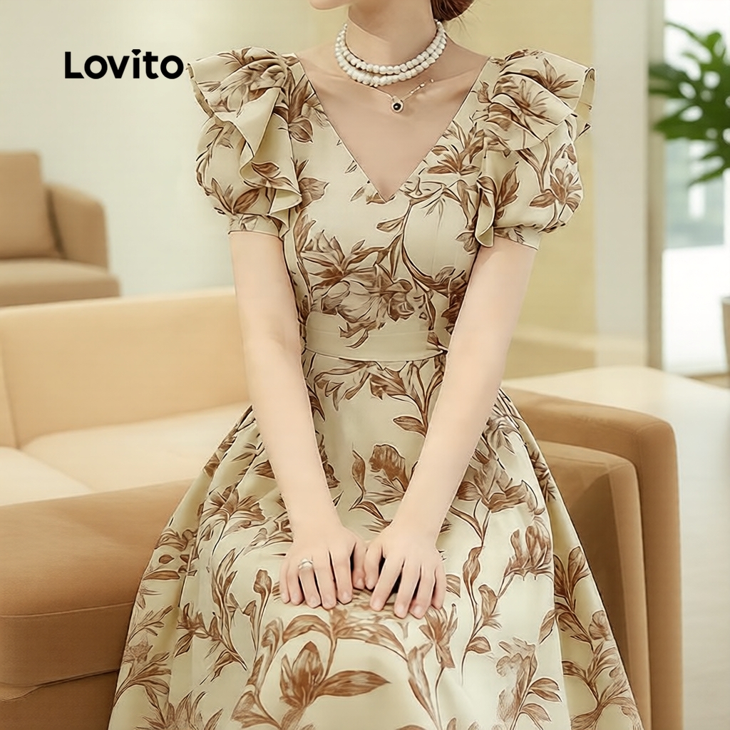 Lovito Vestido Feminino com Estampa Floral e Plissado, Babados, Ideal Primavera/