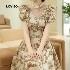 Lovito Vestido Feminino com Estampa Floral e Plissado, Babados, Ideal Primavera/Verão LK5ED193