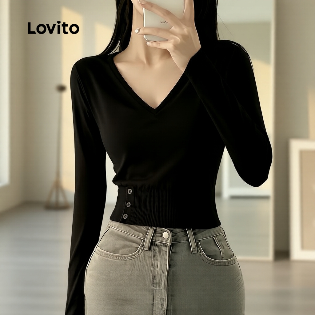 Lovito Casual Camiseta com Botão Preta para Mulheres Primavera/Verão LK2AD1111