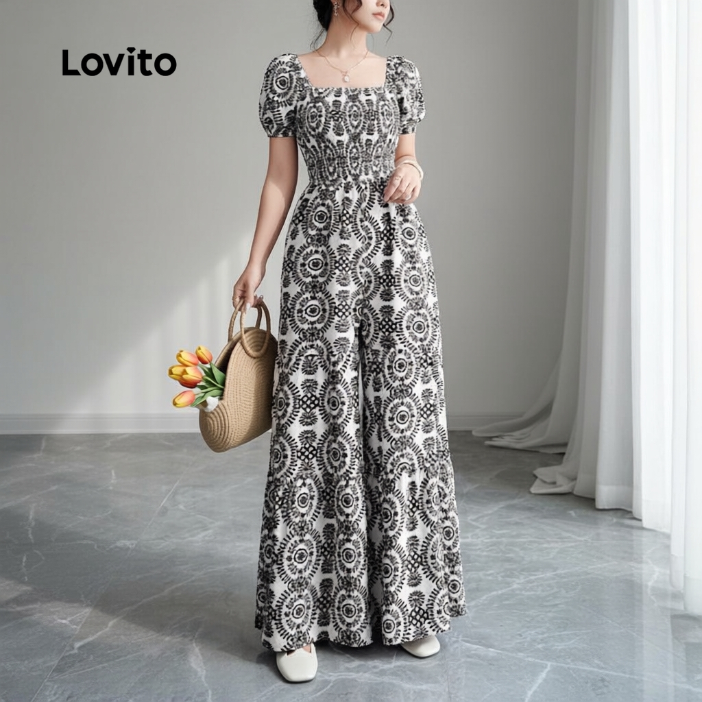 Lovito Macacão Feminino Estampado com Estilo Nacional para Primavera e Verão L158ED1115 em Oferta na Shopee