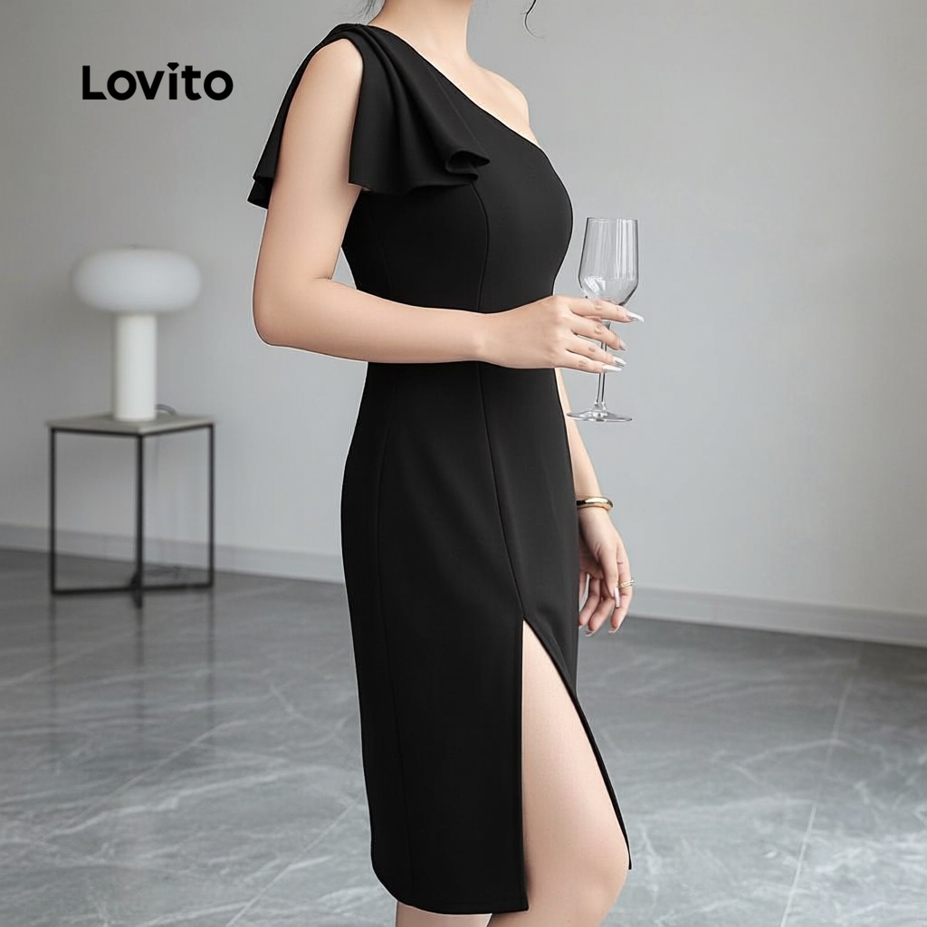 Lovito Refine Vestido Preto Casual Zíper Assimétrico Feminino para Primavera Verão L171ED191 em Oferta na Shopee