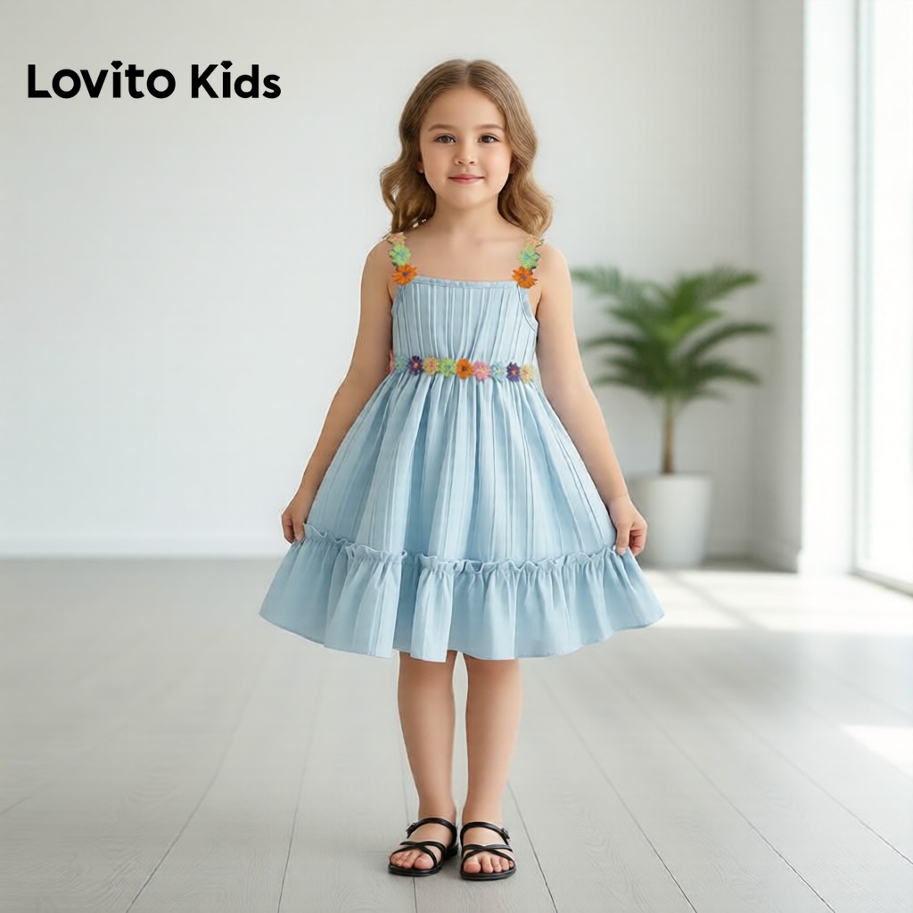 Lovito Casual Kids Vestido Azul com Detalhes e Barra Enrugada para Meninas L186L