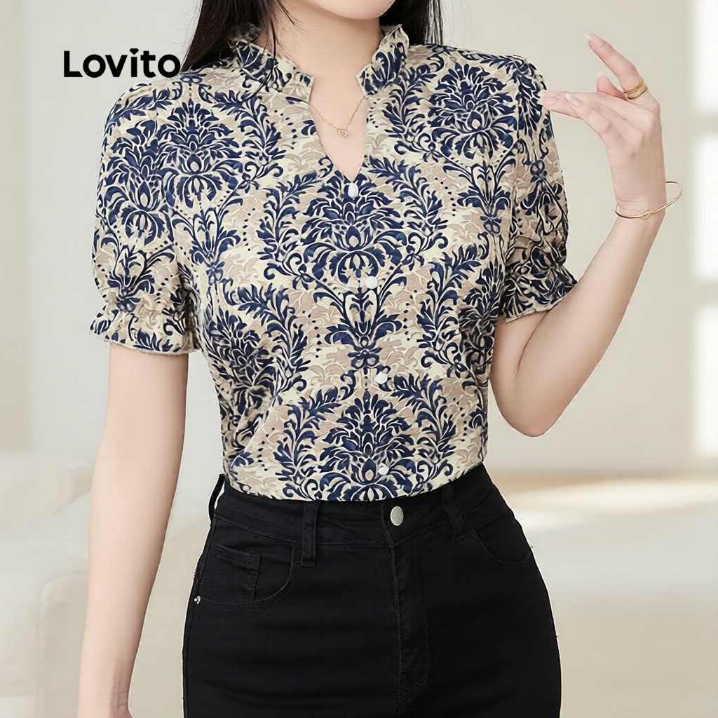 Lovito Blusa Férias com Babados Azul Primavera Verão Feminina L164ED158