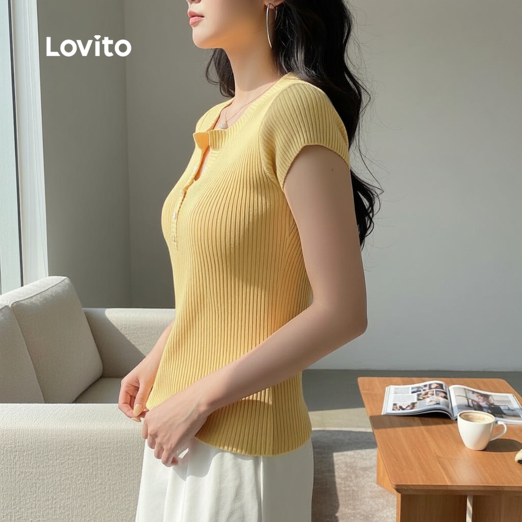 Lovito Blusa Casual Feminina de Algodão Amarela com Botões Simples para Primavera Verão L155ED040 em Oferta na Shopee