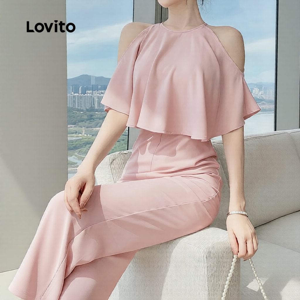 Lovito Elegante Macacão Feminino Com Babados Primavera/Verão Rosa L184ED890