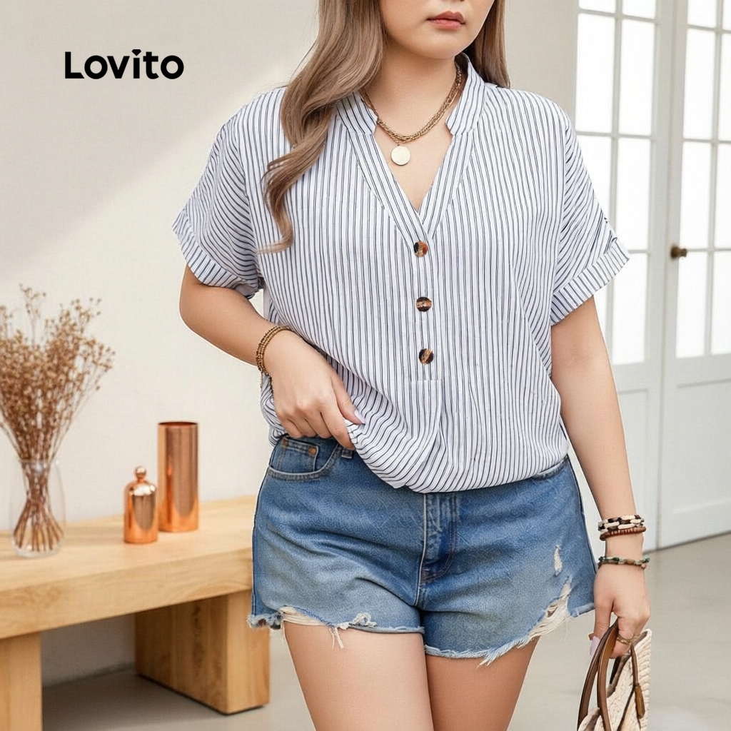 Lovito Refine Blusa Plus Size Casual Listrada Com Botões Para Mulheres LSE01043