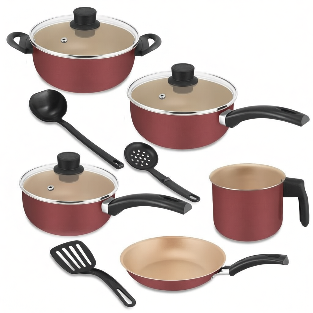 Conjunto de Panelas Teflon Antiaderente Jogo Com Tampa de Vidro Caçarola Panela Frigideira Caneco