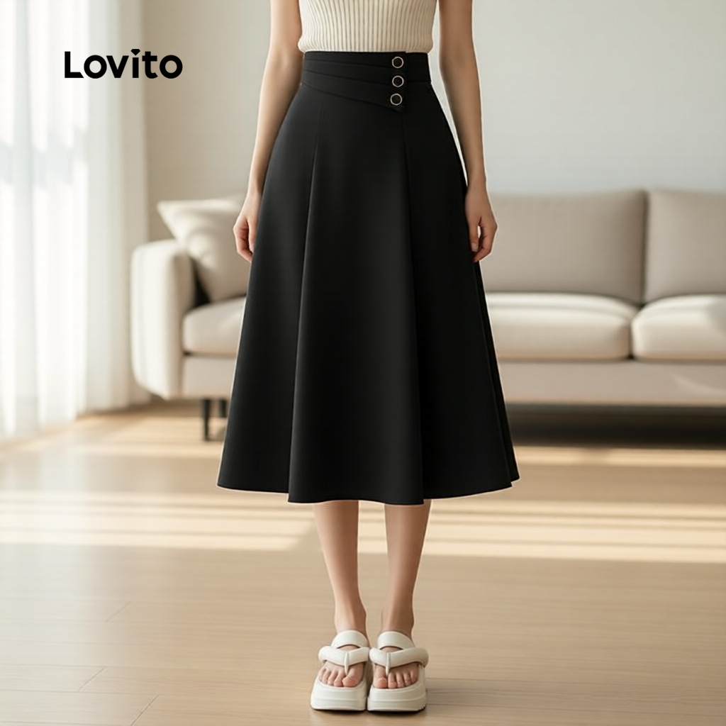 Lovito Elegante Saias Lisas com Botão Feminina LNM69126