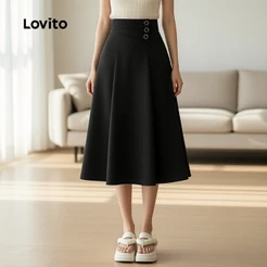 Lovito Elegante Saias Lisas com Botão Feminina LNM69126