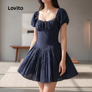 Lovito Refine Vestido Casual com Renda e Amarração Plissado Primavera/verão Azul-marinho L156AD075 em Oferta na Shopee
