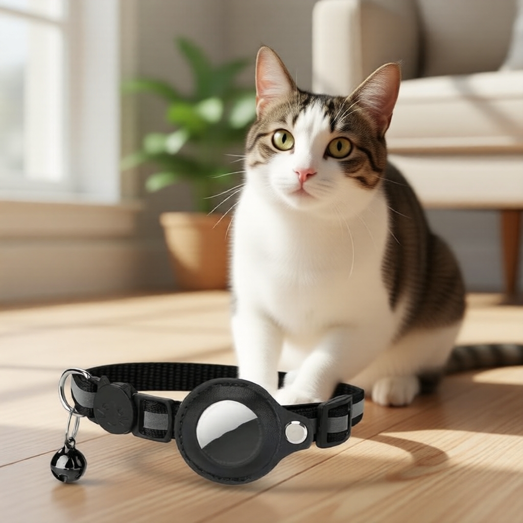 Coleira de gato refletora leve com suporte para Apple AirTag, sino e fecho de segurança, ajustável 22–32,5 cm