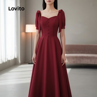 Lovito Vestido Elegante Para Festa Com Botões Bordô Primavera/verão Feminino L158AD209 em Oferta na Shopee
