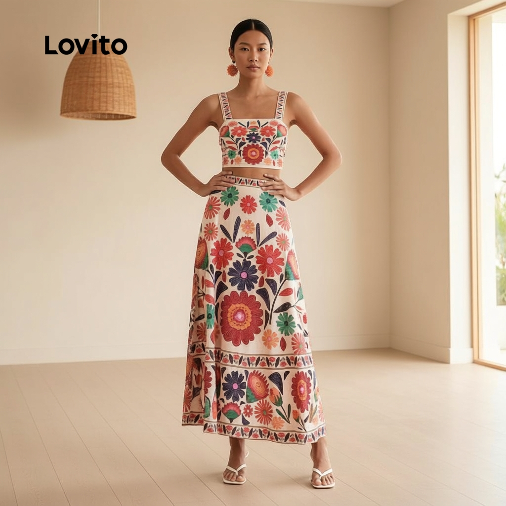 Lovito Conjunto Boho Estampado Verão Novo Carnavalesco Calças ou Blusas Franzidas Primavera/Verão Feminino LBL32015 em Oferta na Shopee