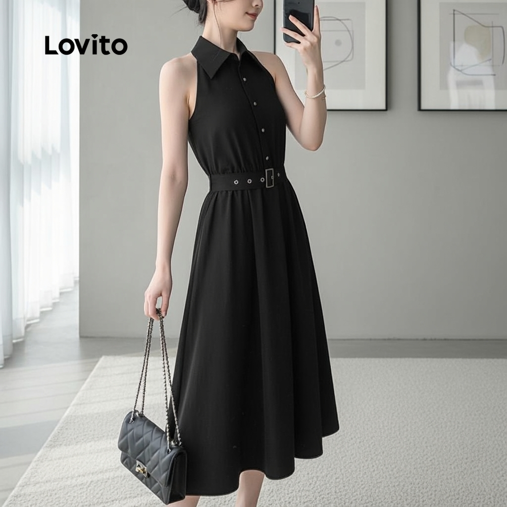 Lovito Vestido Feminino Elegante Liso Com Cinto L100MD424 em Oferta na Shopee