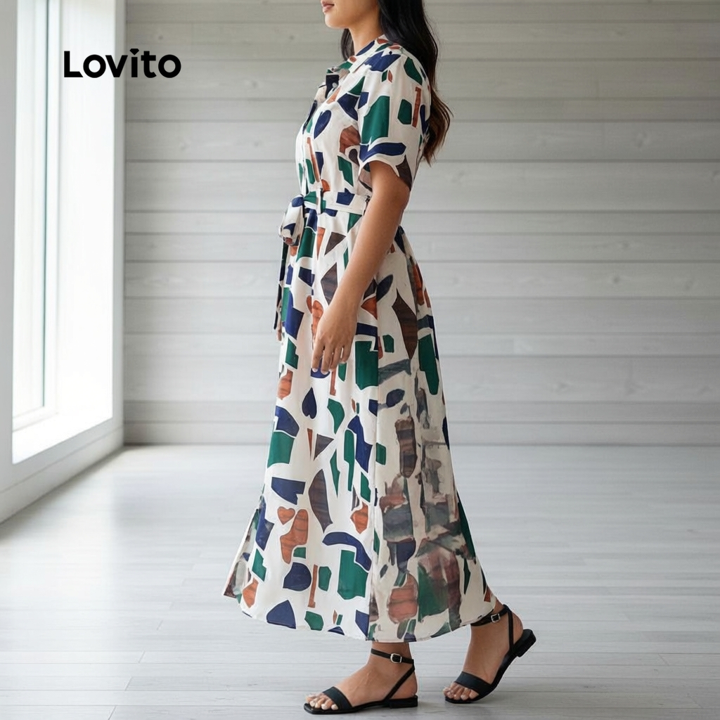Lovito Vestido Feminino Plus Size Curvas Estampa Geométrica Elegante LBL18320
