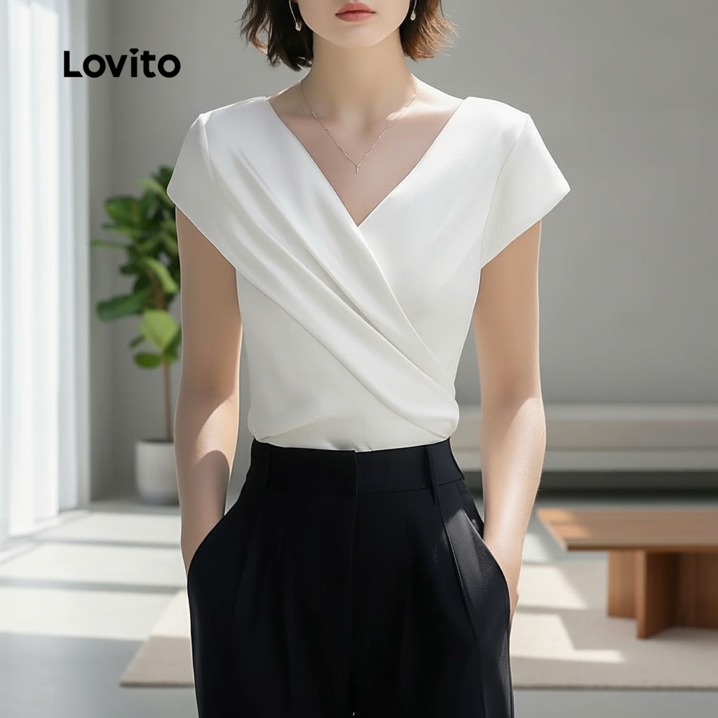 Lovito Blusa Casual Plissada Branca Feminina para Primavera/Verão L154ED442 em Oferta na Shopee