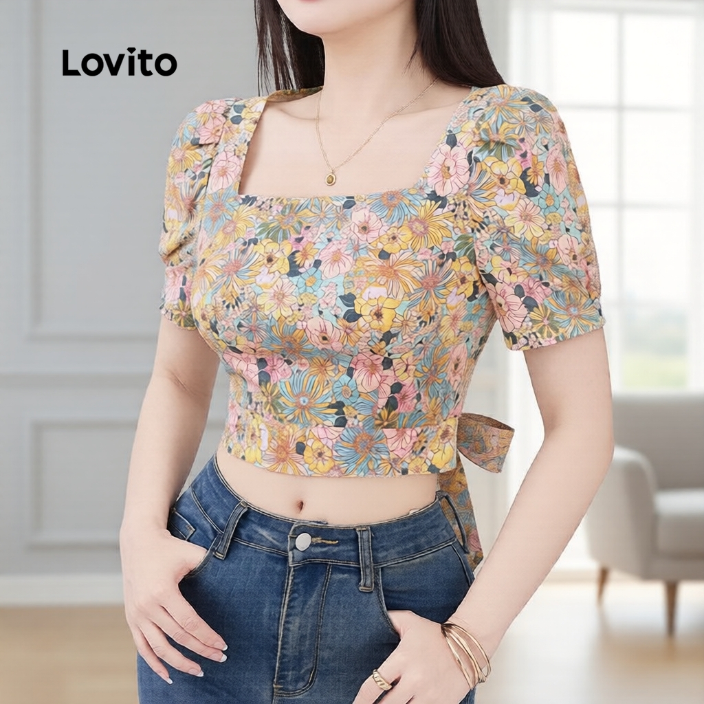 Lovito Casual Blusa Com Amarração Nas Costas Estampa Colorida Primavera Verão Fe