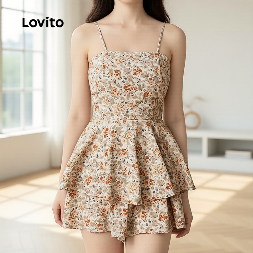 Lovito Macacão Boho Estampado, Camada Dupla, Primavera/Verão, Feminino, LK5ED226