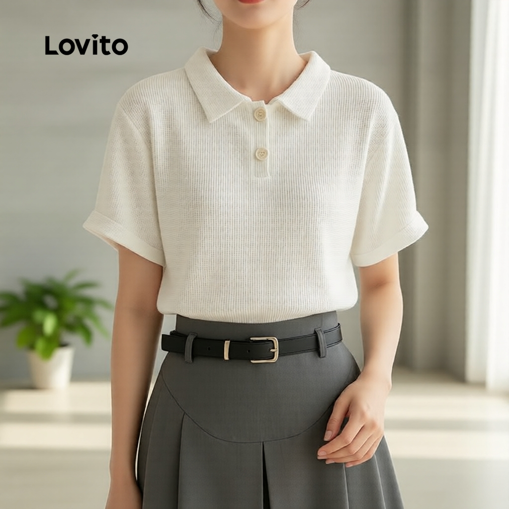 Lovito Casual Camiseta Polo Feminina Lisa Malha Waffle L68ED039 (Multicolorido)