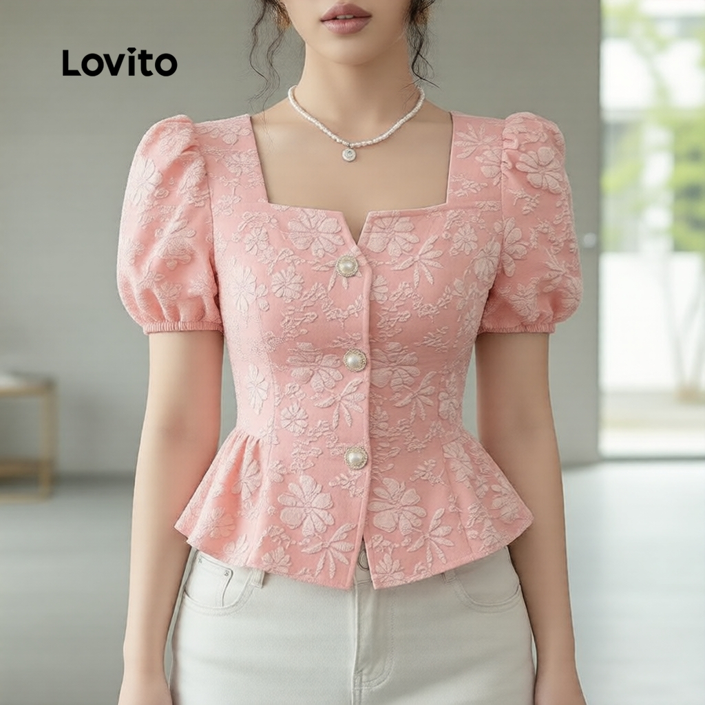 Lovito Elegante Blusa Feminina Floral com Botões Jacquard Pérola Primavera/Verão Rosa L135A2D158